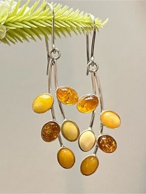 Sterling Silver Amber Drop Earrings - Yellow Amber Cluster